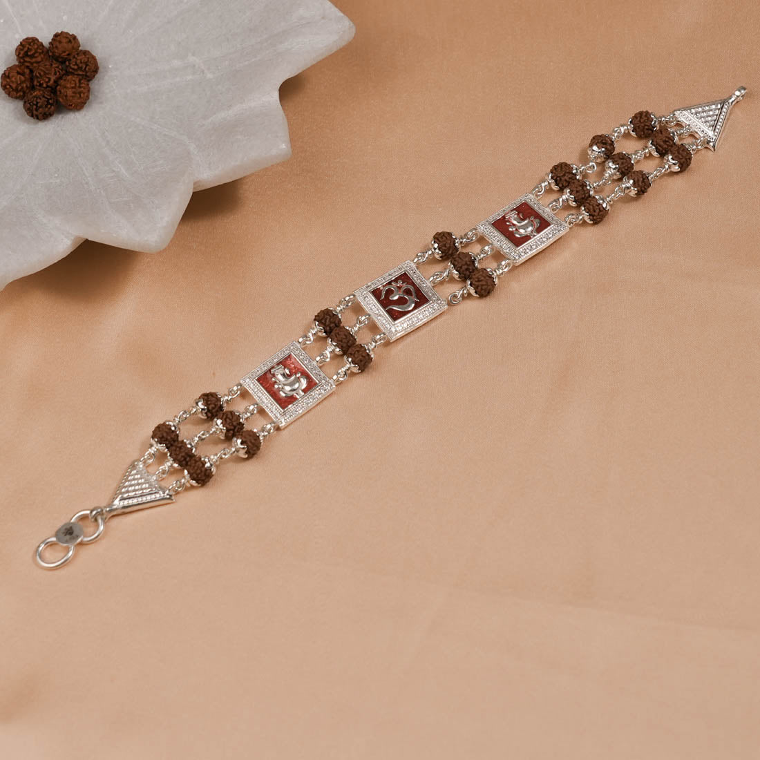 Authentic Rudraksha Silver Om with Ganesh Triple Line Bracelet