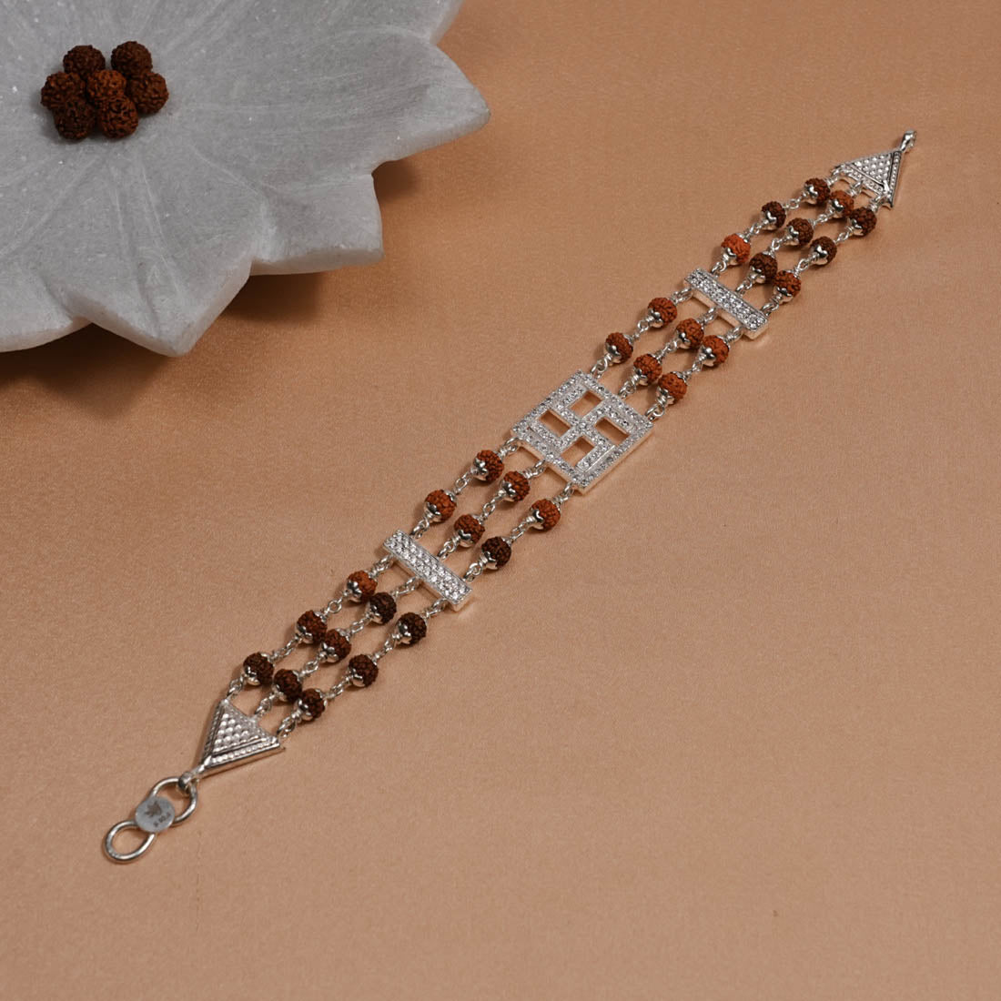 Authentic Rudraksha Silver Swastik Brooch Triple Line Bracelet