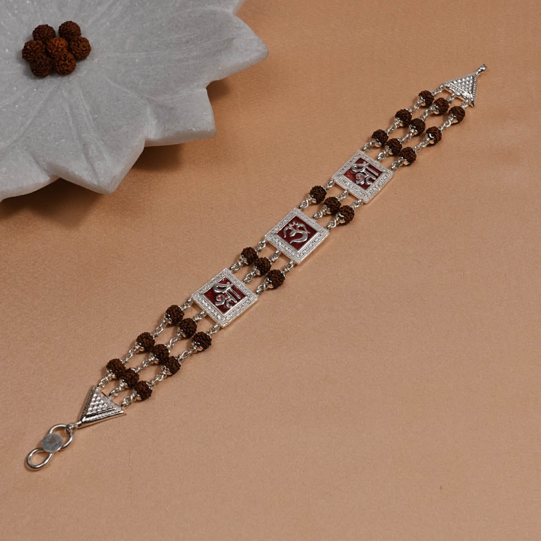 Authentic Rudraksha Silver Om With Shree Triple Line Bracelet