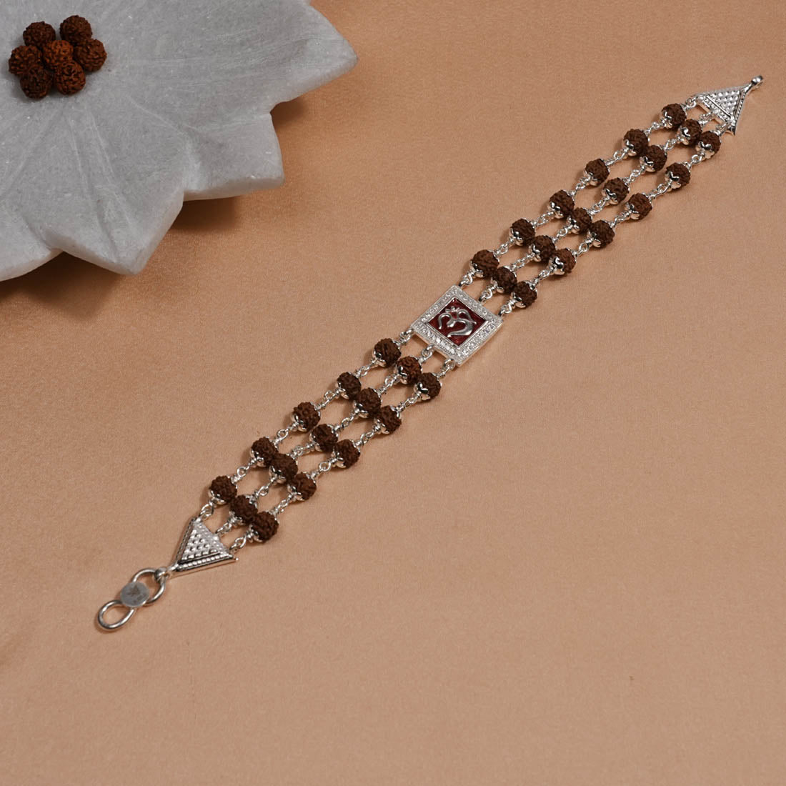Authentic Rudraksha Silver Om in Red Triple Line Bracelet