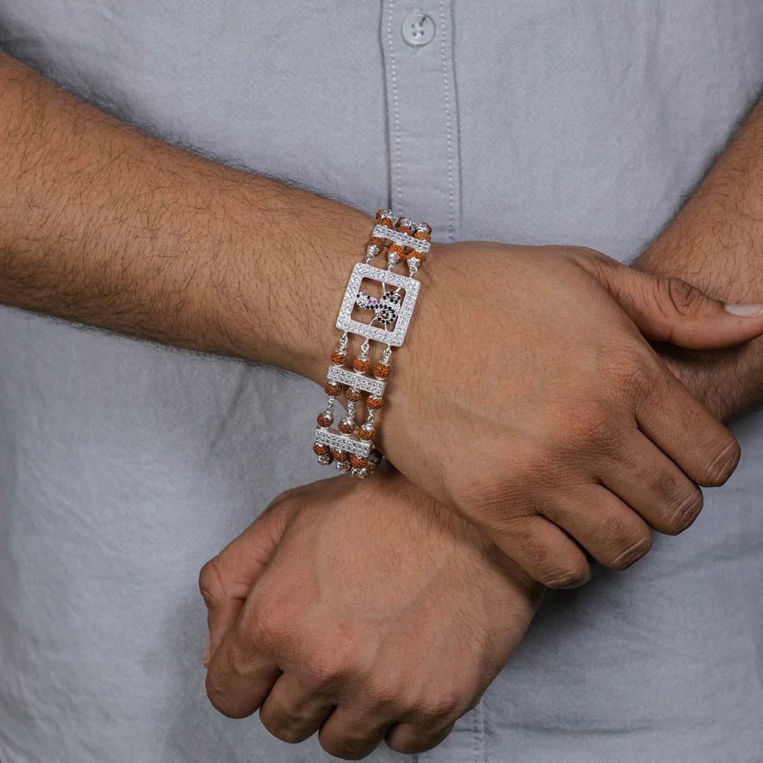 Orignal Rudraksha Silver Daimond Goga Tripel Line Bracelet