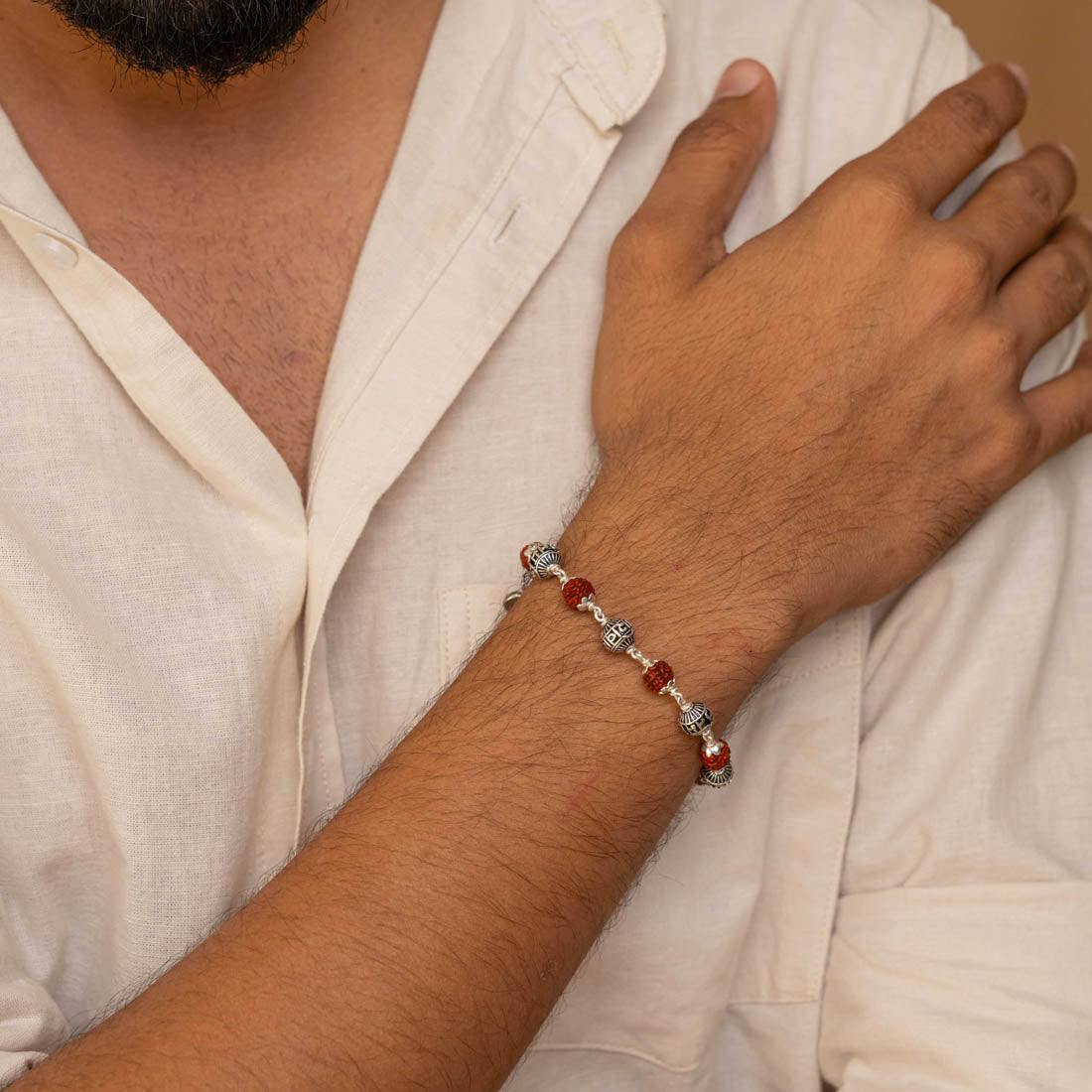 Rudraksha and Om Namah Shivay Silver Beads Bracelet - Second Image