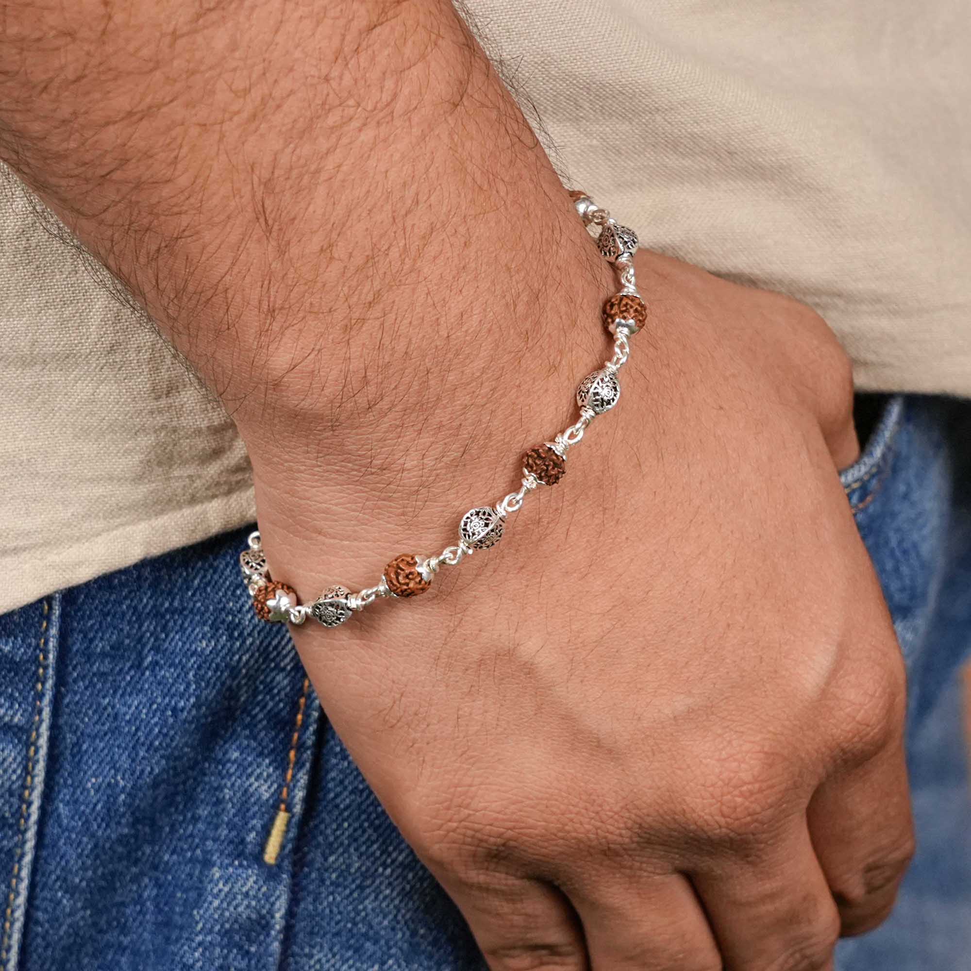 Authentic Rudraksha and Hollow Circular Silver Beads Bracelet