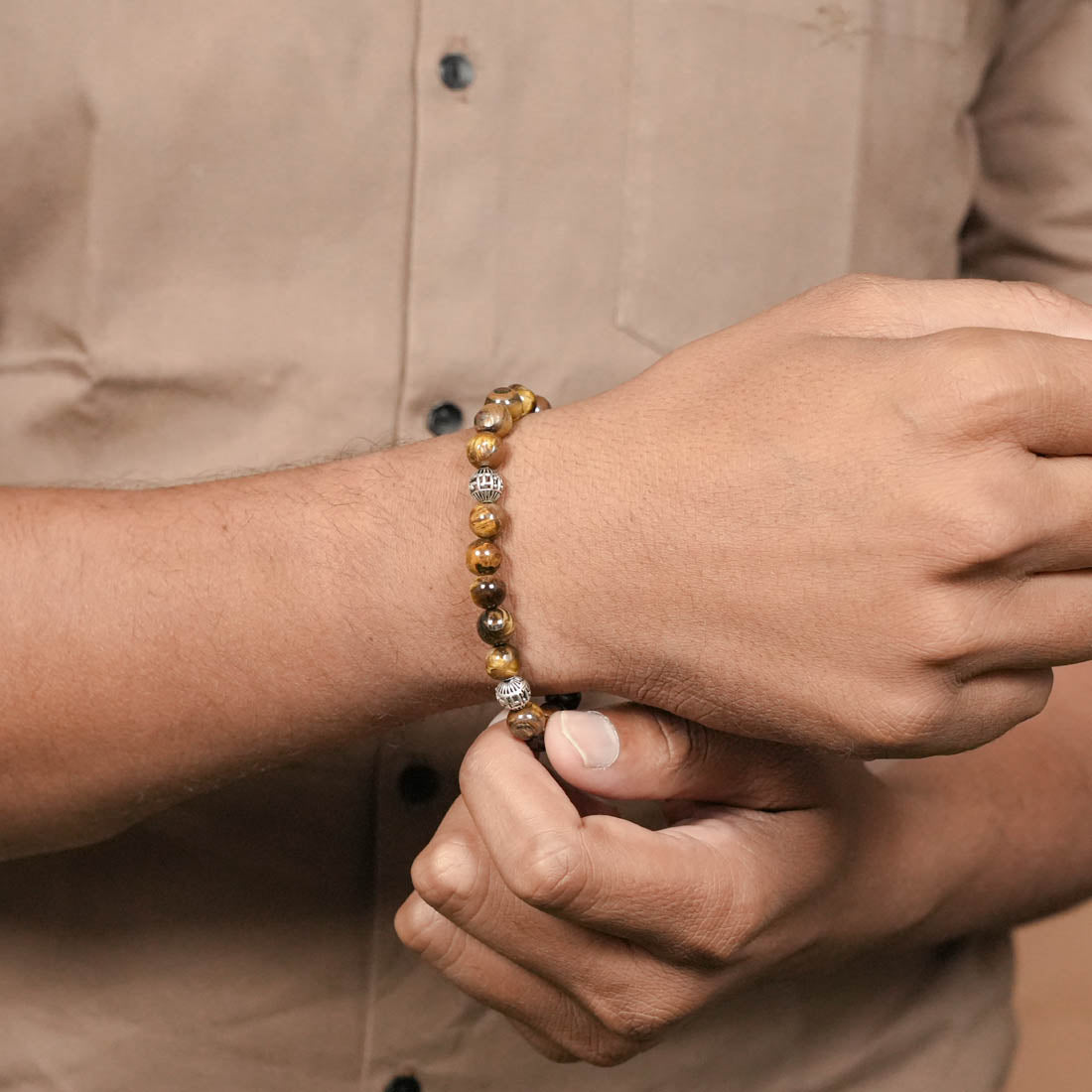 Organic Tiger Eye Stone with Om Namah Shivay Silver Beads Bracelet