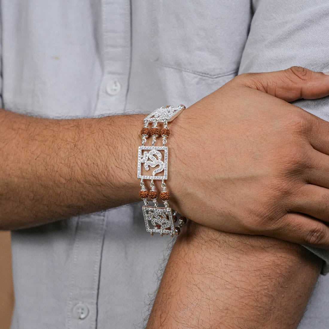Rudraksha Silver Three Om Brooch Bracelet