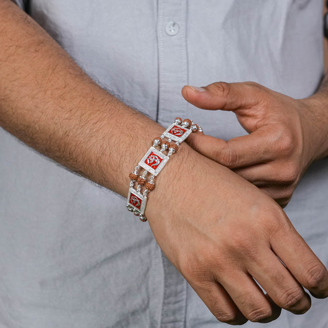 Orignal Rudraksha Silver Three Om in Red Brooch Bracelet