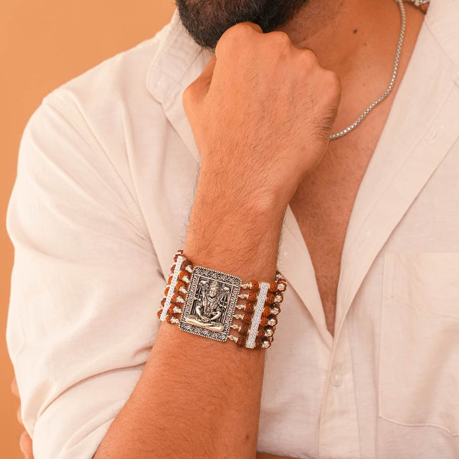 Orignal Rudraksha Silver Shiva Brooch Six Lines Bracelet