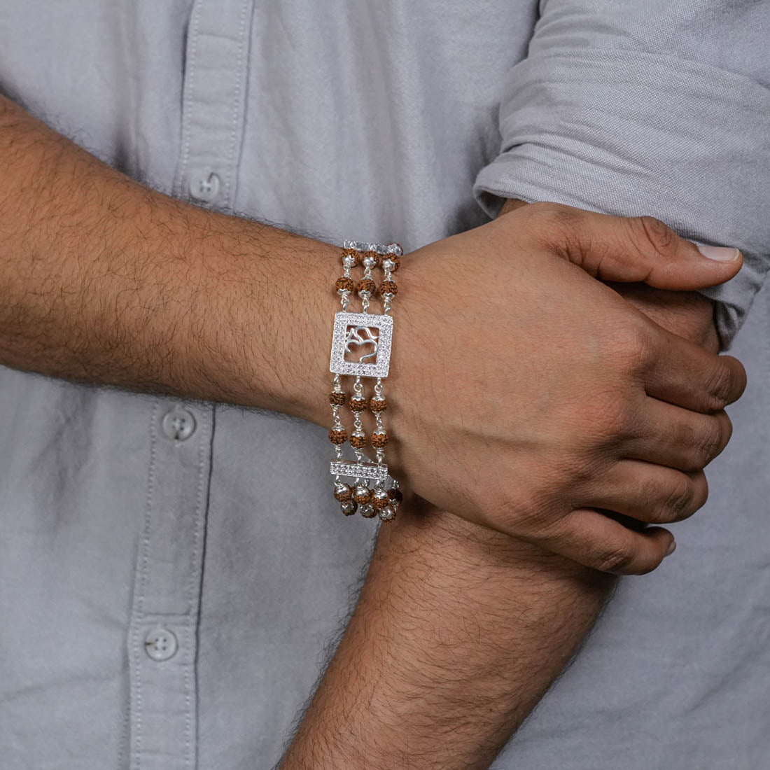 Orignal Rudraksha Silver Om in Diamond Square Triple Line Bracelet