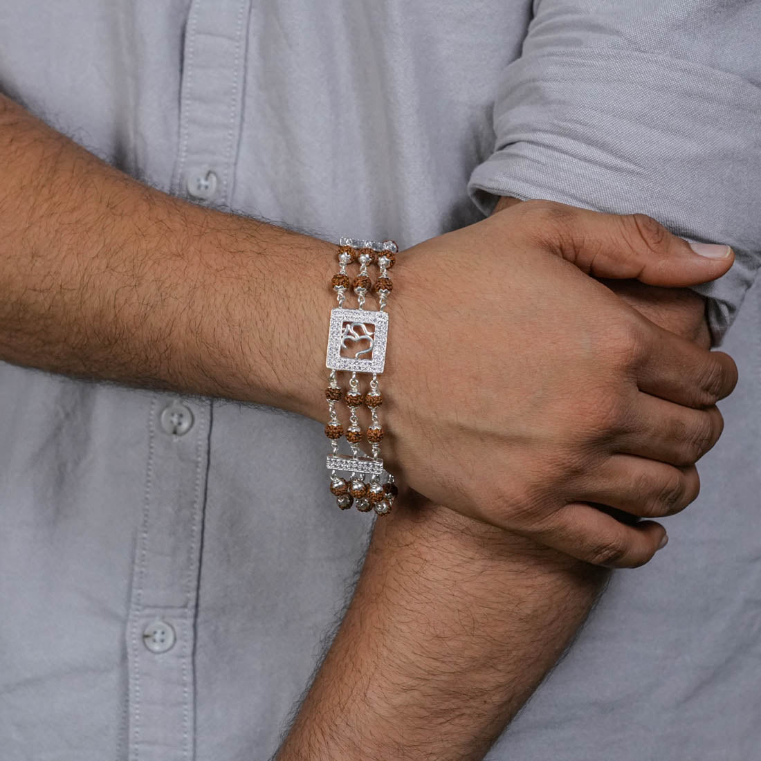 Rudraksha Silver Om Tripal Line Bracelet