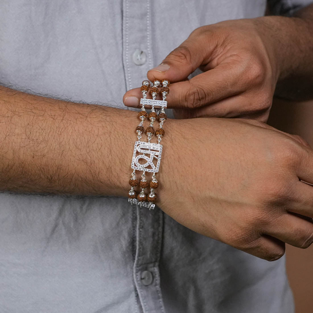 Rudraksha Silver Shree Brooch Triple Line Bracelet