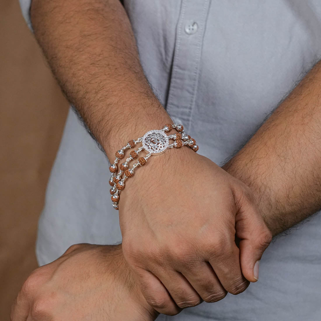 Real Rudraksha Silver Om in Flower Bracelet