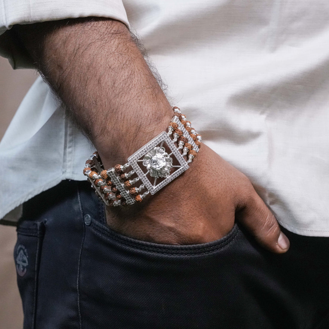 Rudraksha Silver Roaring Lion Five Lines Bracelet