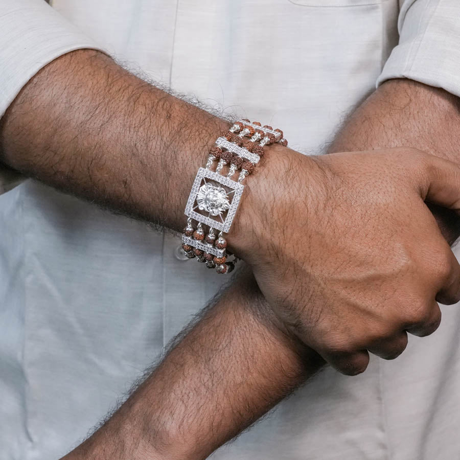 Orignal Rudraksha Silver Roaring Lion Four Line Bracelet