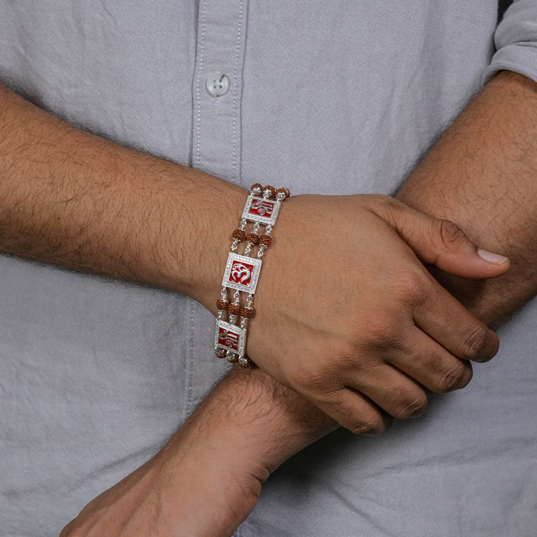 Orignal Rudraksha Silver Om With Shree Triple Line Bracelet