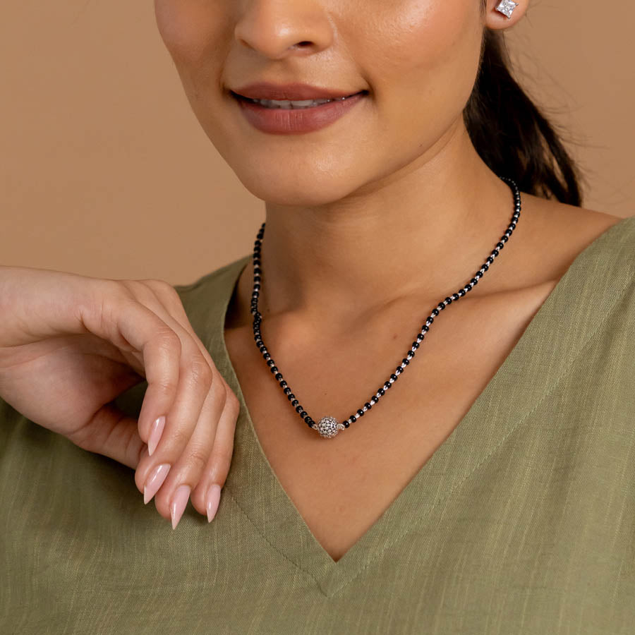 Orignal Black Beads Mangal Sutra with Beaded Silver Circular Pendant for Women