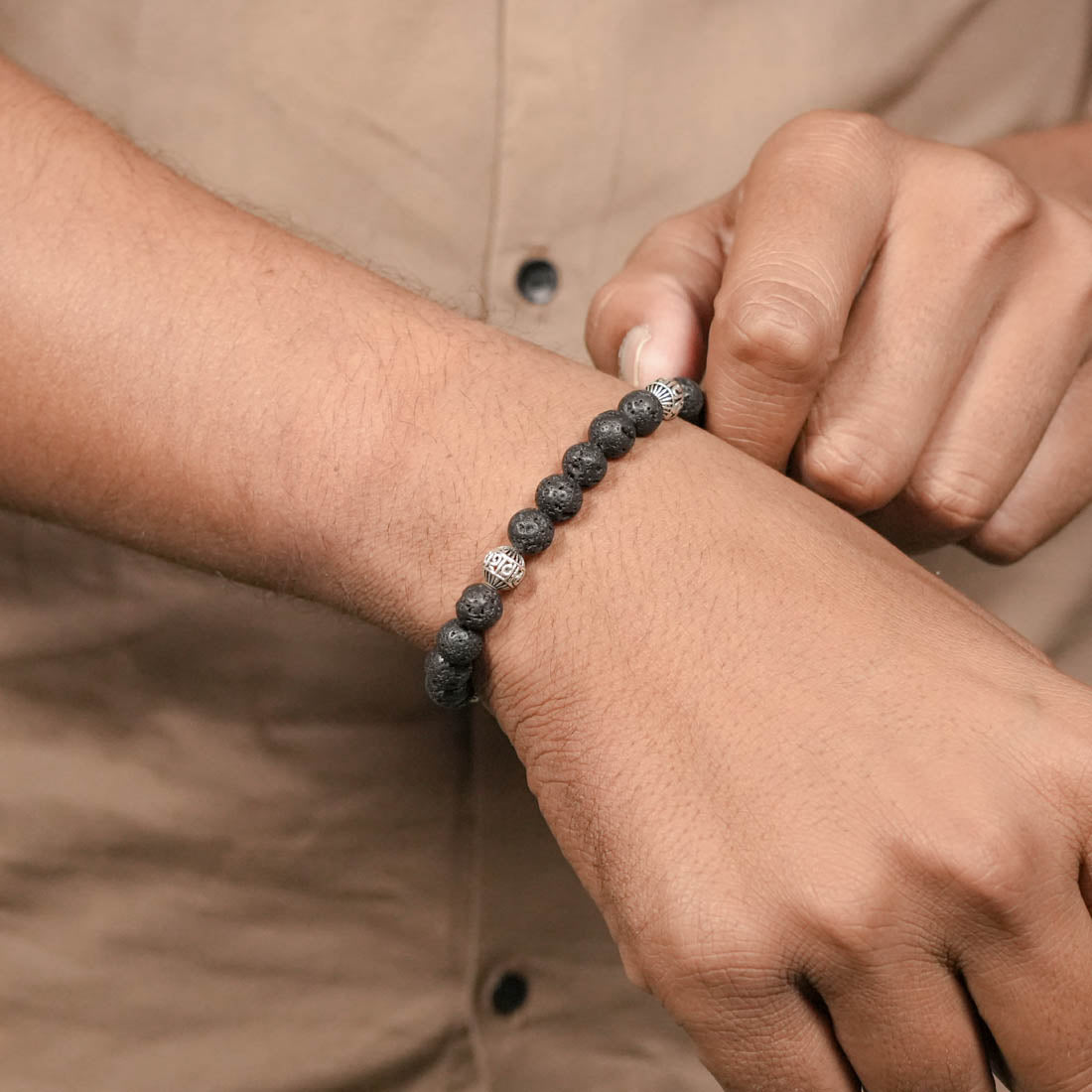 Lava Stone with Om Namah Shivay Silver Beads Bracelet – Prinjal Jewels