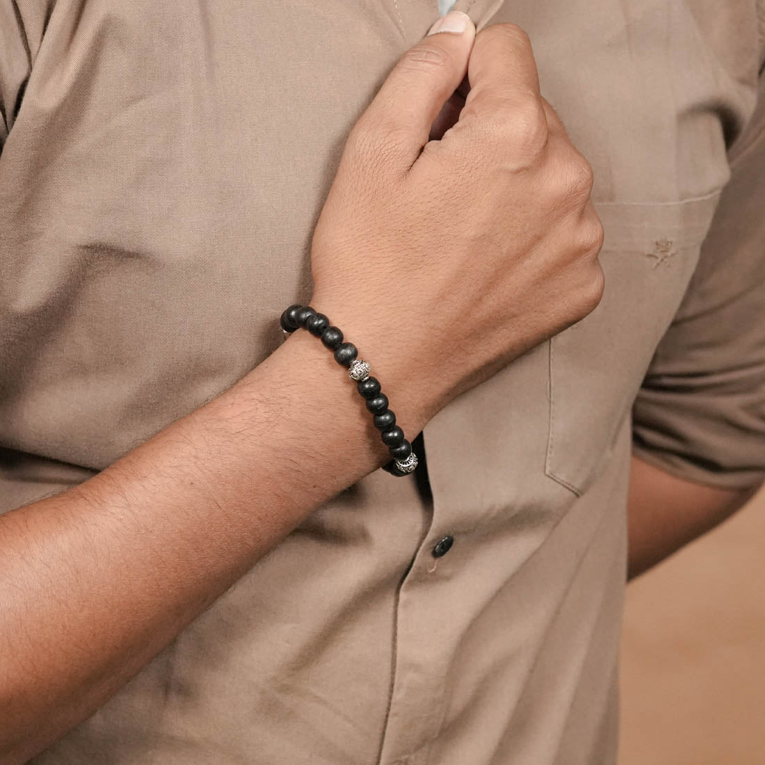 Orignal Ebony Karungali with Om Silver Beads Bracelet