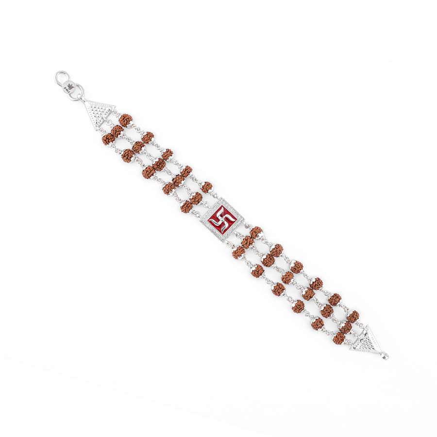 Rudraksha Silver Swastik in Red Triple Line Bracelet – Prinjal Jewels