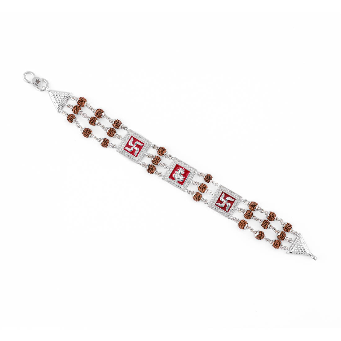 Rudraksha Silver Ganesh With Swastik Triple Line Bracelet