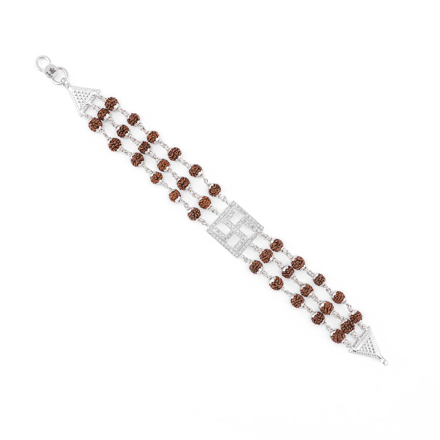 Rudraksha Silver Swastik Triple Line Bracelet