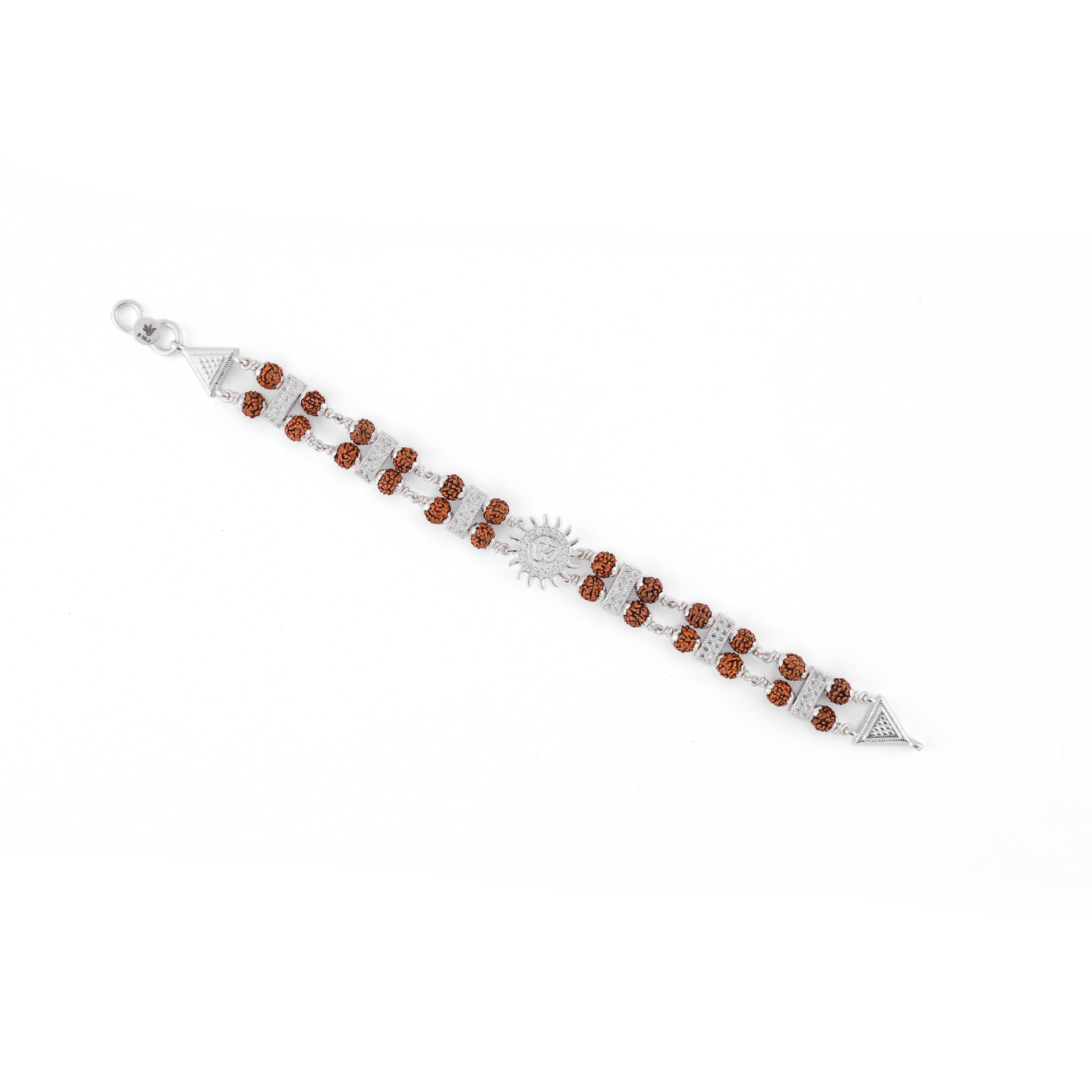Real Silver Rakhi with Real Rudraksha, Om Embedded in Surya, Double Line Design for Men