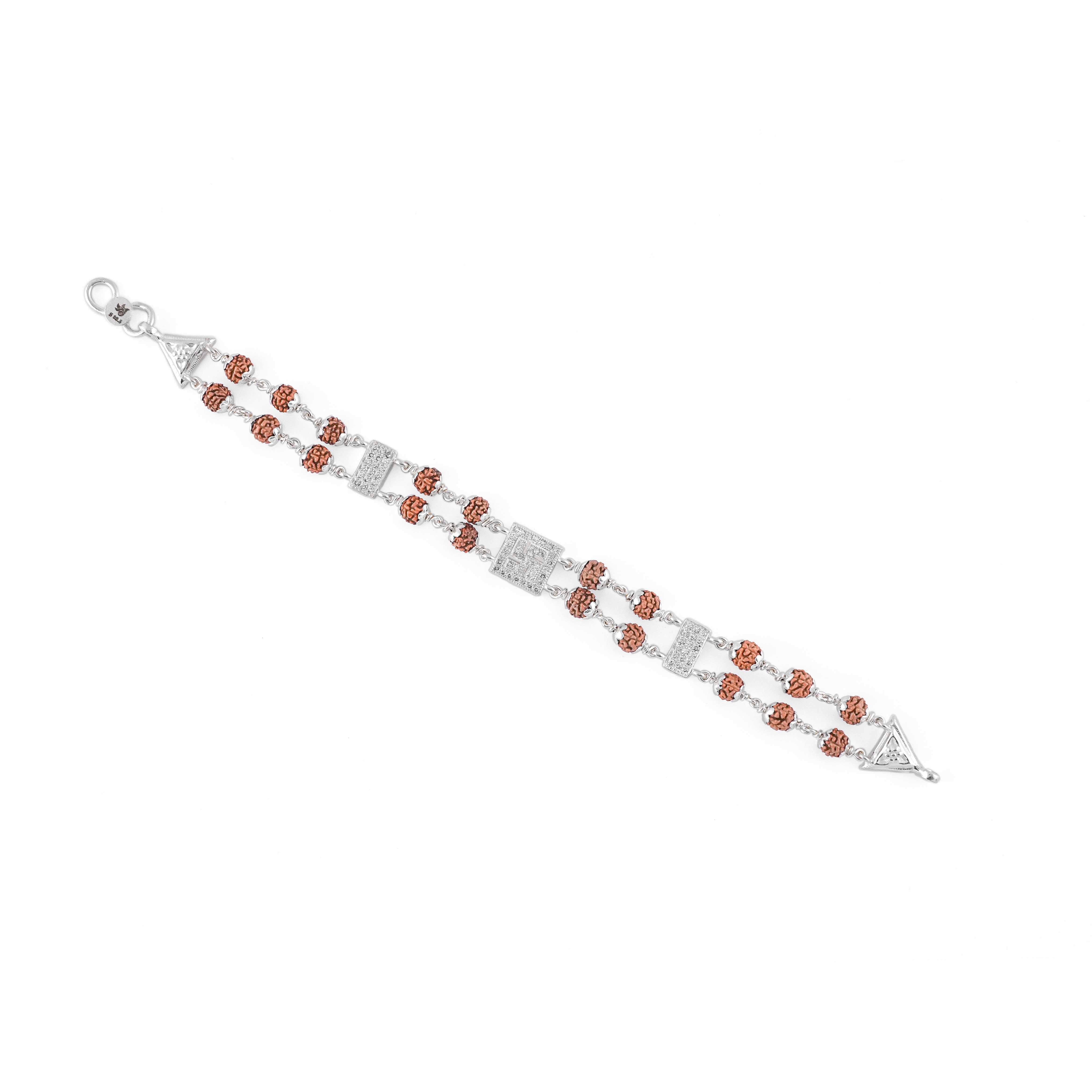 Authentic Rudraksha Silver Swastik in Diamond Square Double Line Bracelet