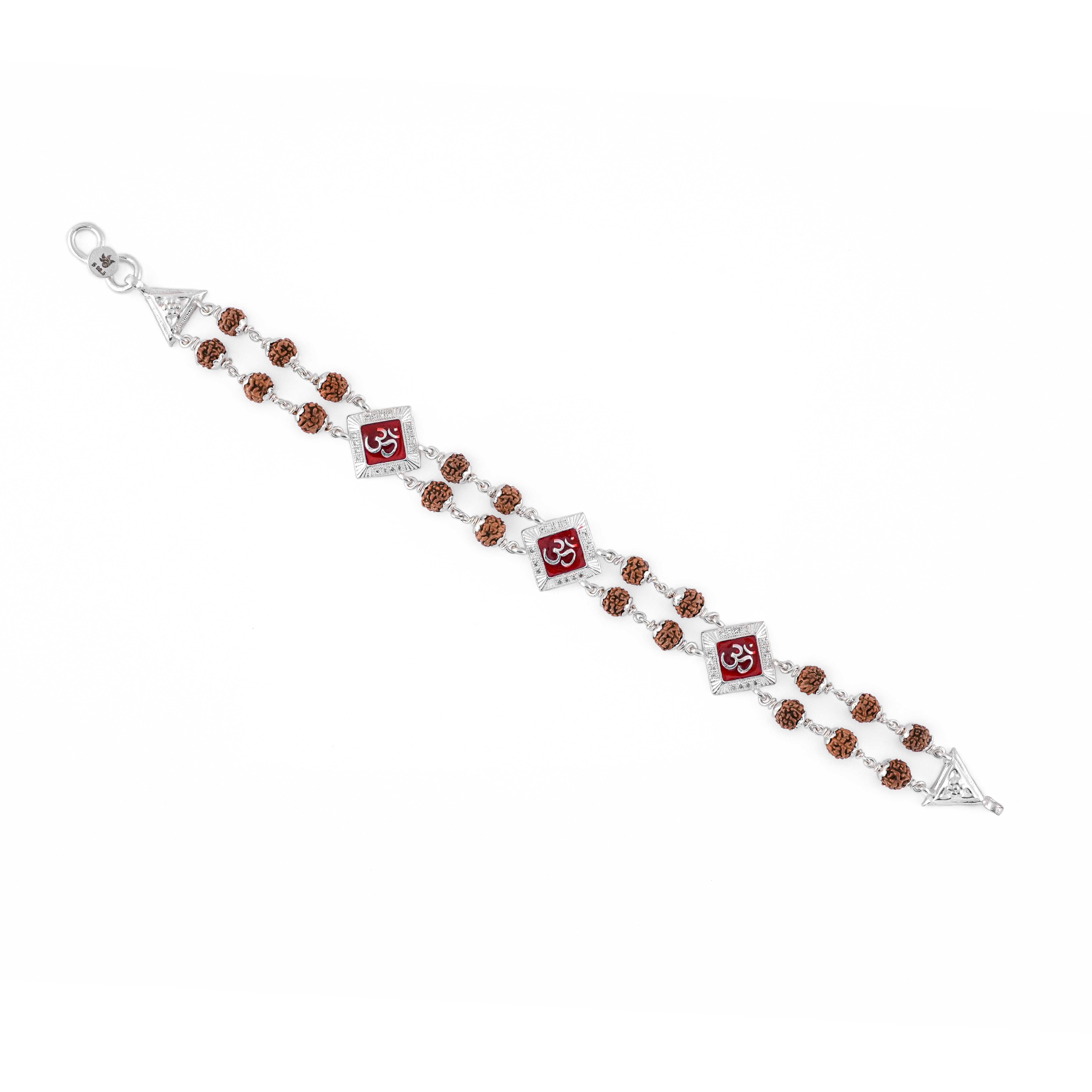 Silver Rakhi with Rudraksha, Om, and Three Rhombus Brooches, Double Line Design