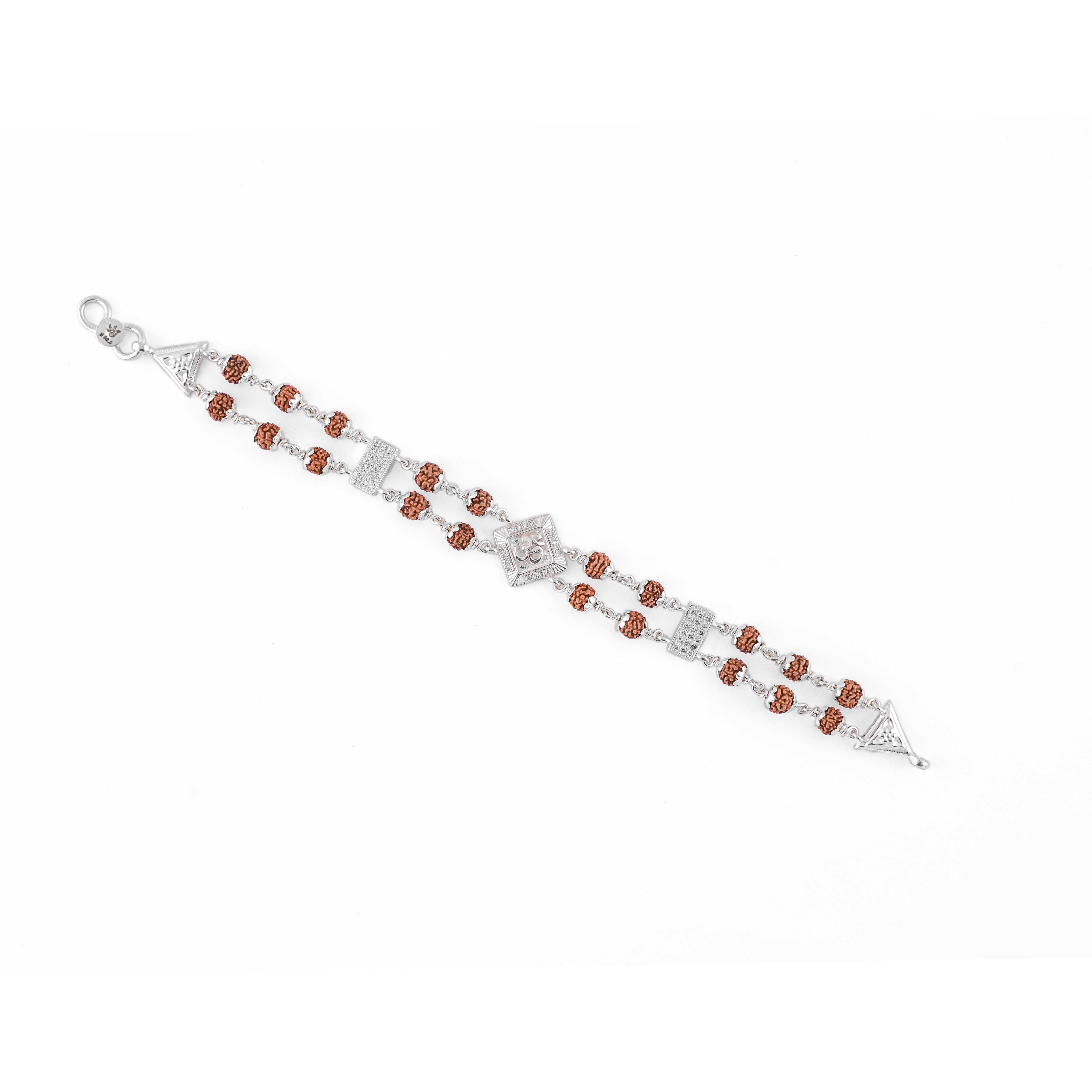 Classy Silver Rakhi with Rudraksha, Om Brooch, Double Line Bracelet