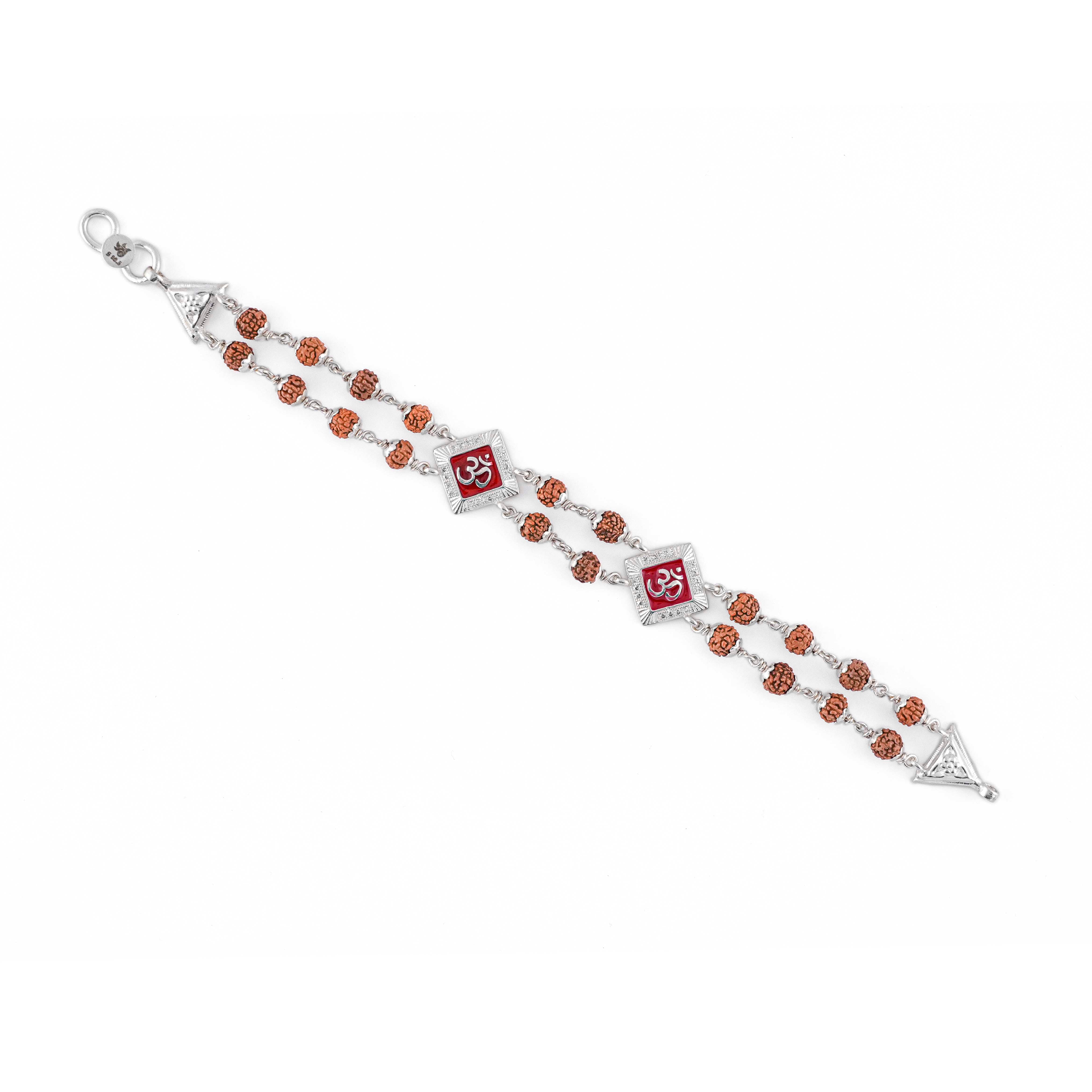 Classy Silver Rakhi with Rudraksha and Two Om Symbols, Double Line Design