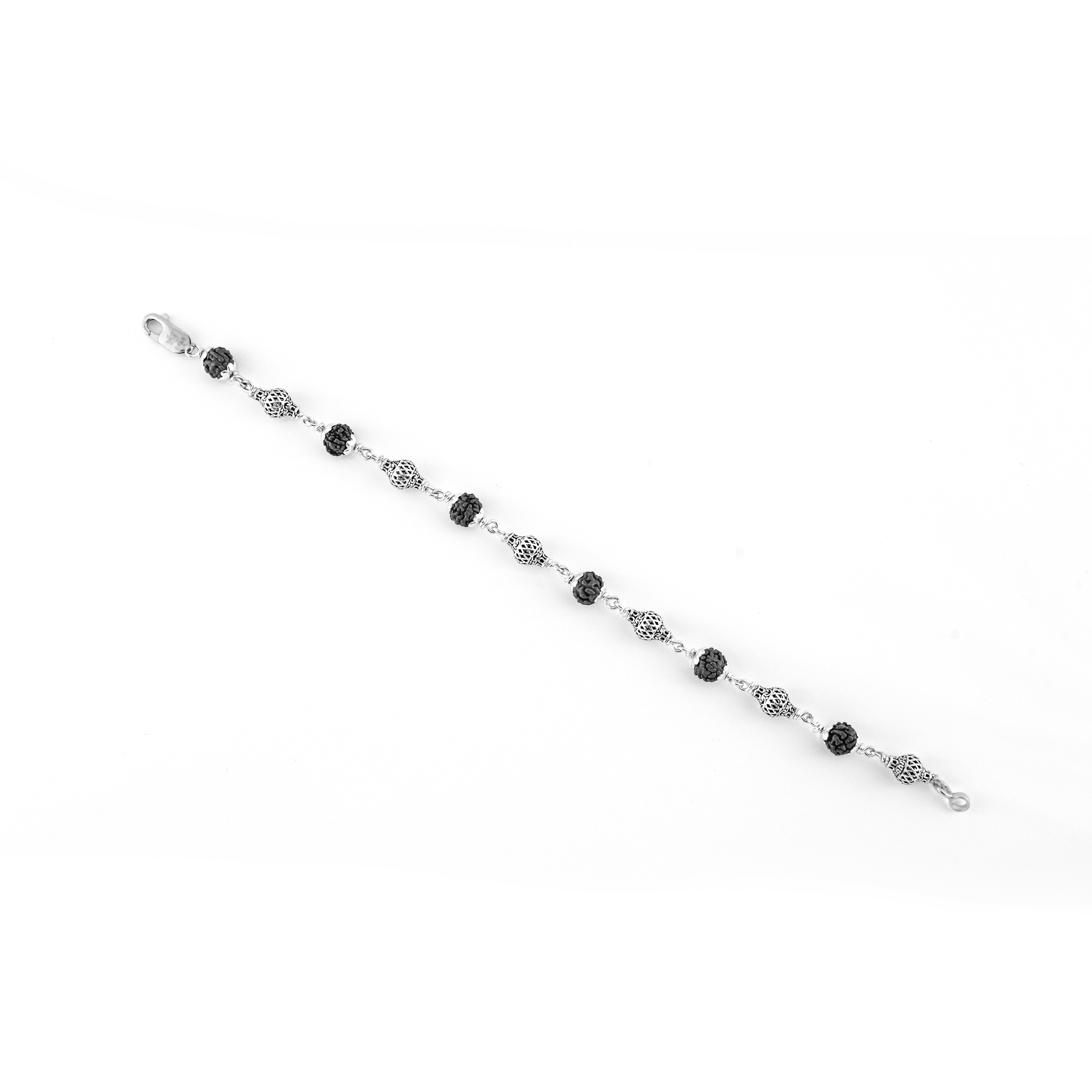 black Rudraksha and Hollow Mesh Silver Beads Bracelet