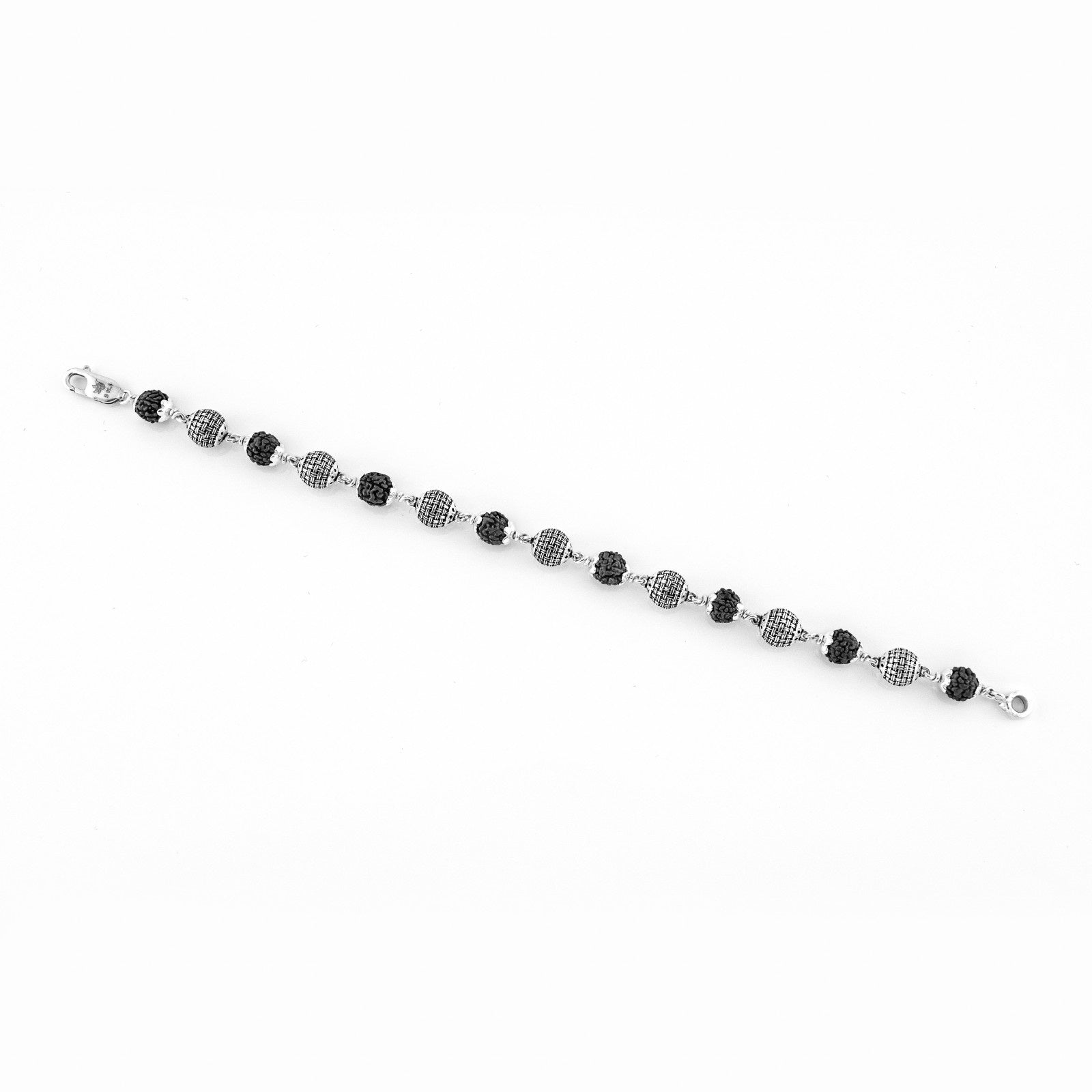 Black Rudraksha Silver Textured Round Beads Bracelet