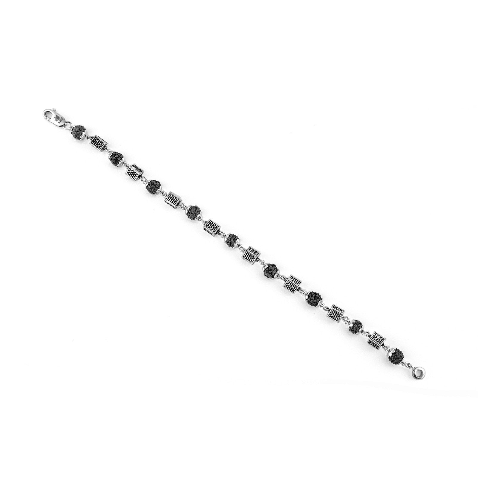 Black Rudraksha Silver Square Cylinder Bracelet.