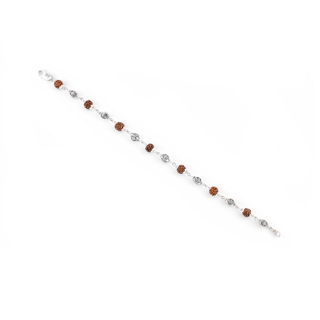 Stylish Silver Rakhi with Rudraksha and Hollow Circular Beads