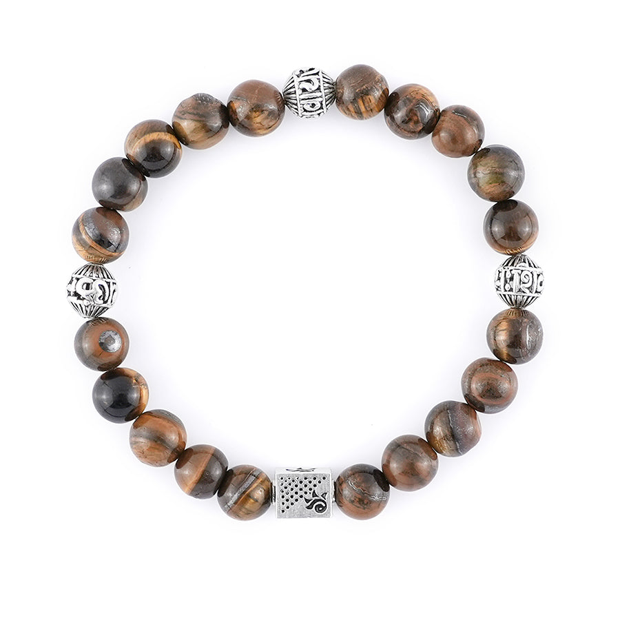 Tiger Eye Stone with Om Namah Shivay Silver Beads Bracelet