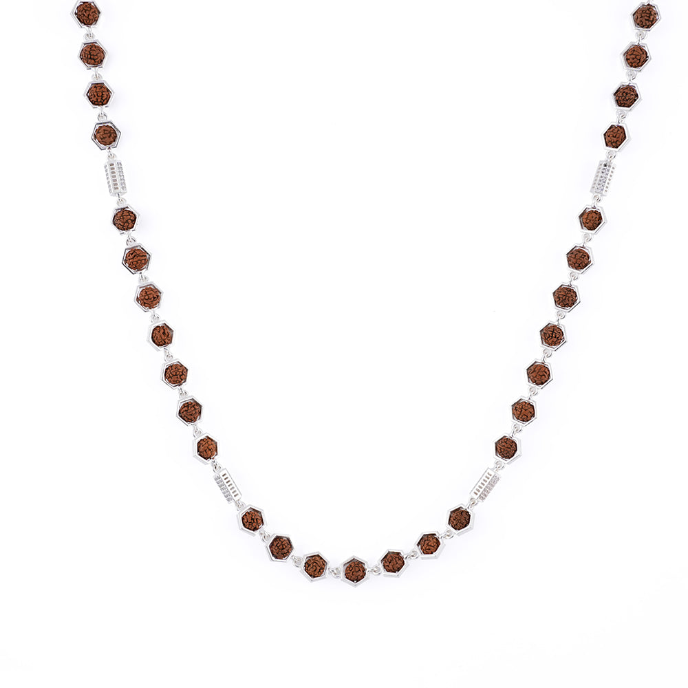 Hexagon Ring Cylinder Rudraksha Silver Mala