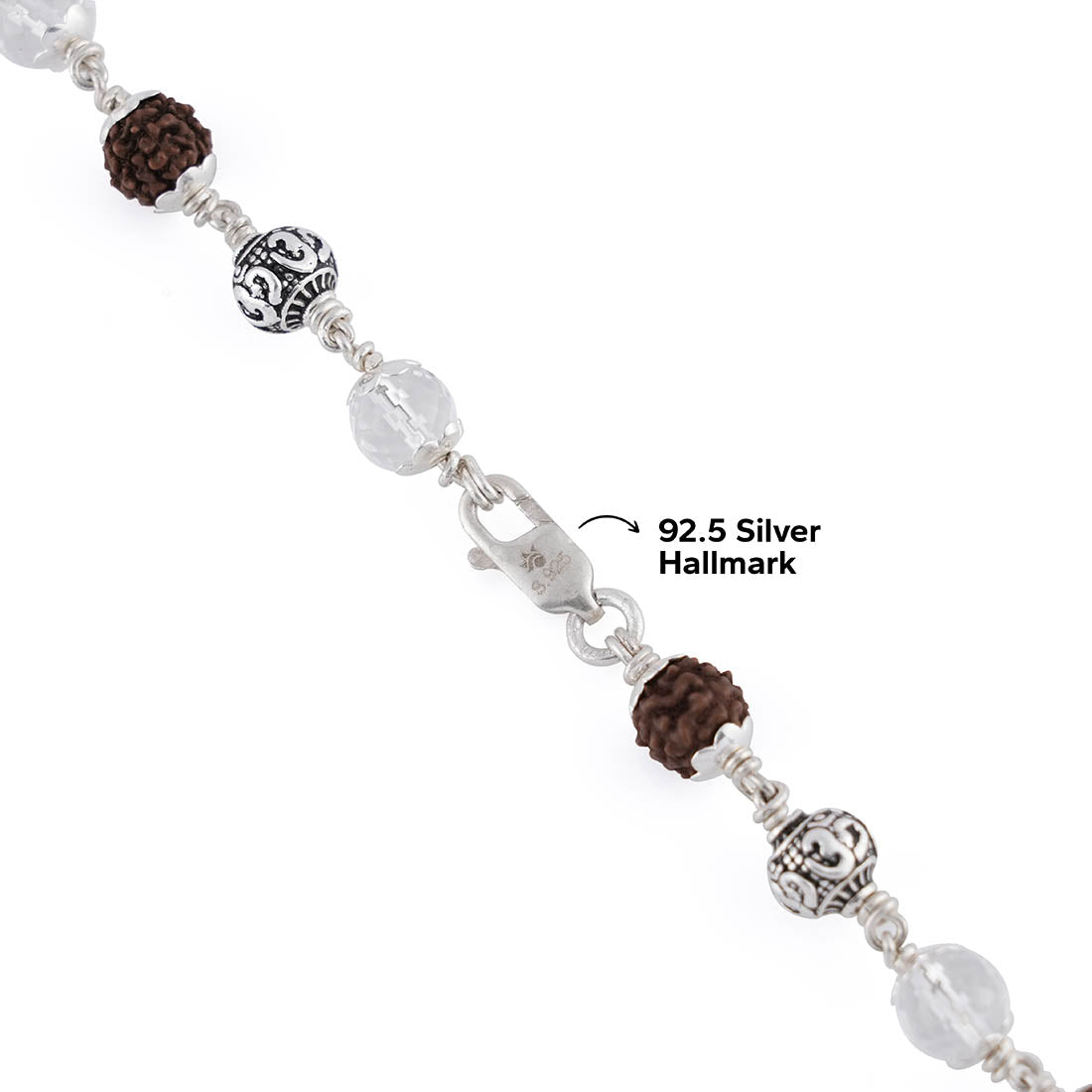 RUDRAKSHA WITH SPHATIK DIAMOND CUT AND OM SILVER BEADS MALA