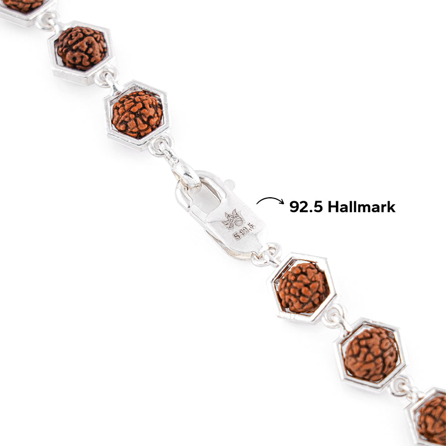 Hexagon Ring Cylinder Rudraksha Silver Mala