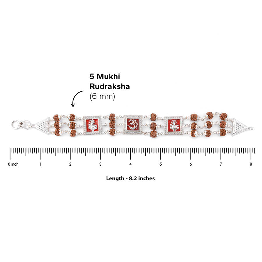 Rudraksha Silver Om With Ganesh Tripal Line Bracelet