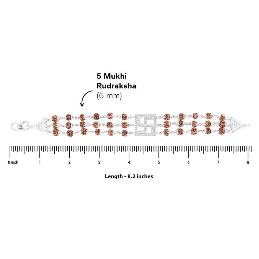 Authentic Rudraksha Silver Swastik Triple Line Bracelet