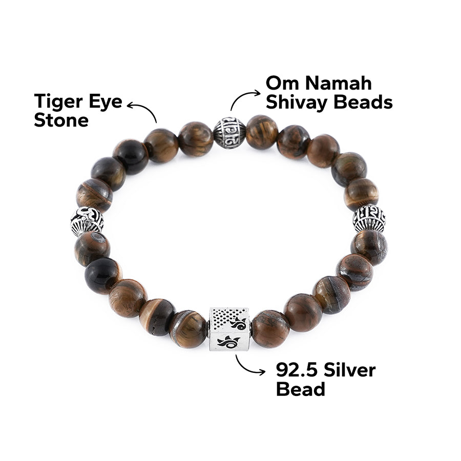 Tiger Eye Stone with Om Namah Shivay Silver Beads Bracelet