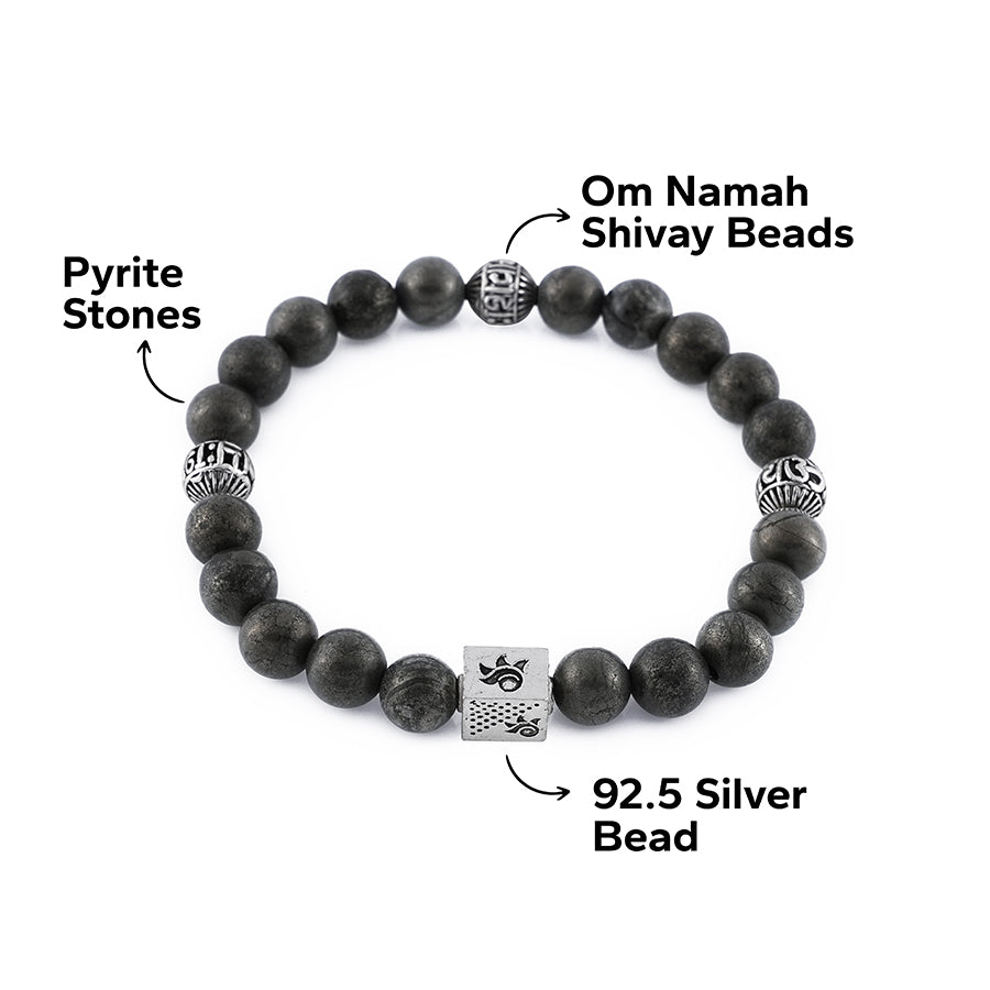 Pyrite with Om Namah Shivay 92.5 Silver Beads Bracelet