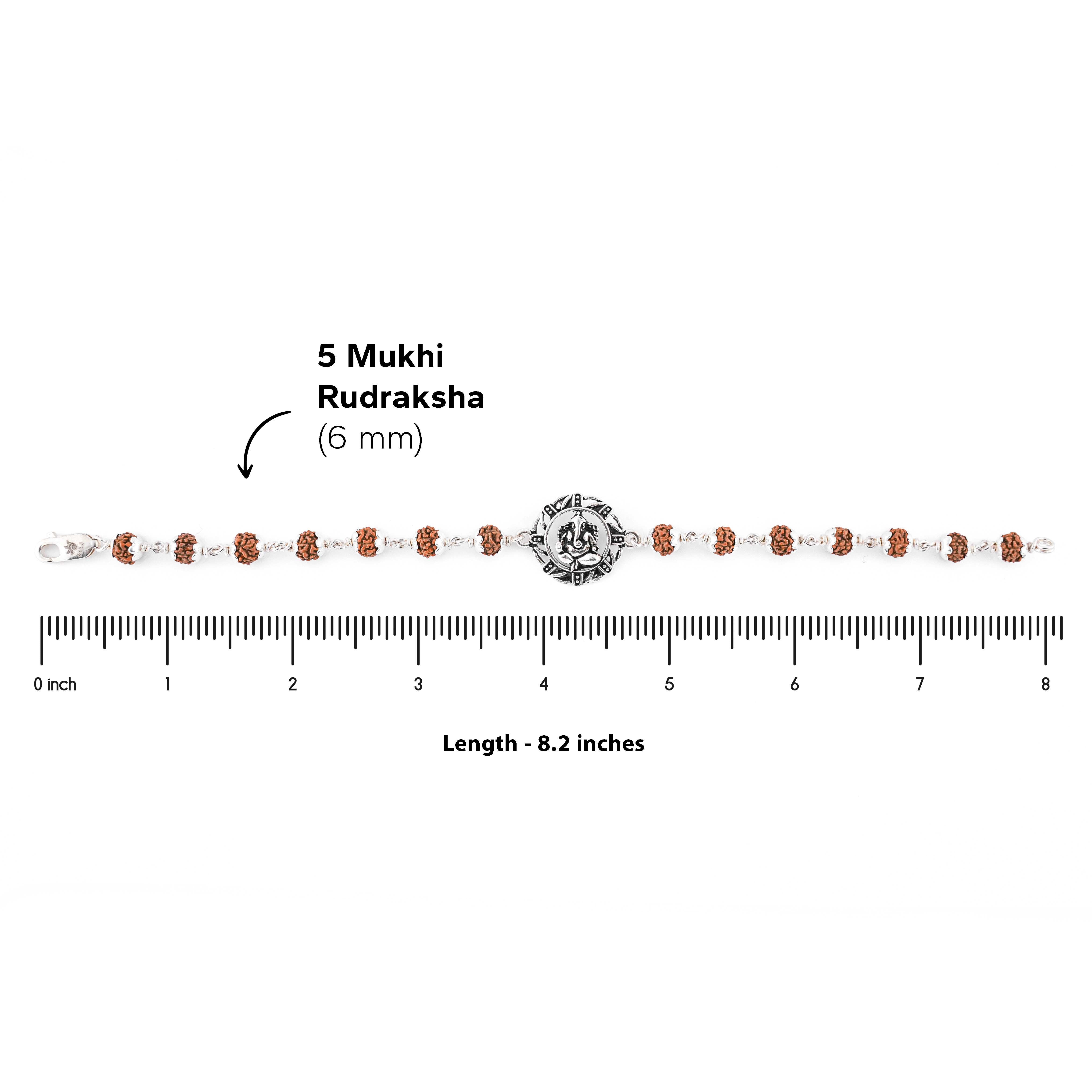 Silver Rakhi with Ganesh in a Designer Circular Sphere and Single Line Rudraksha