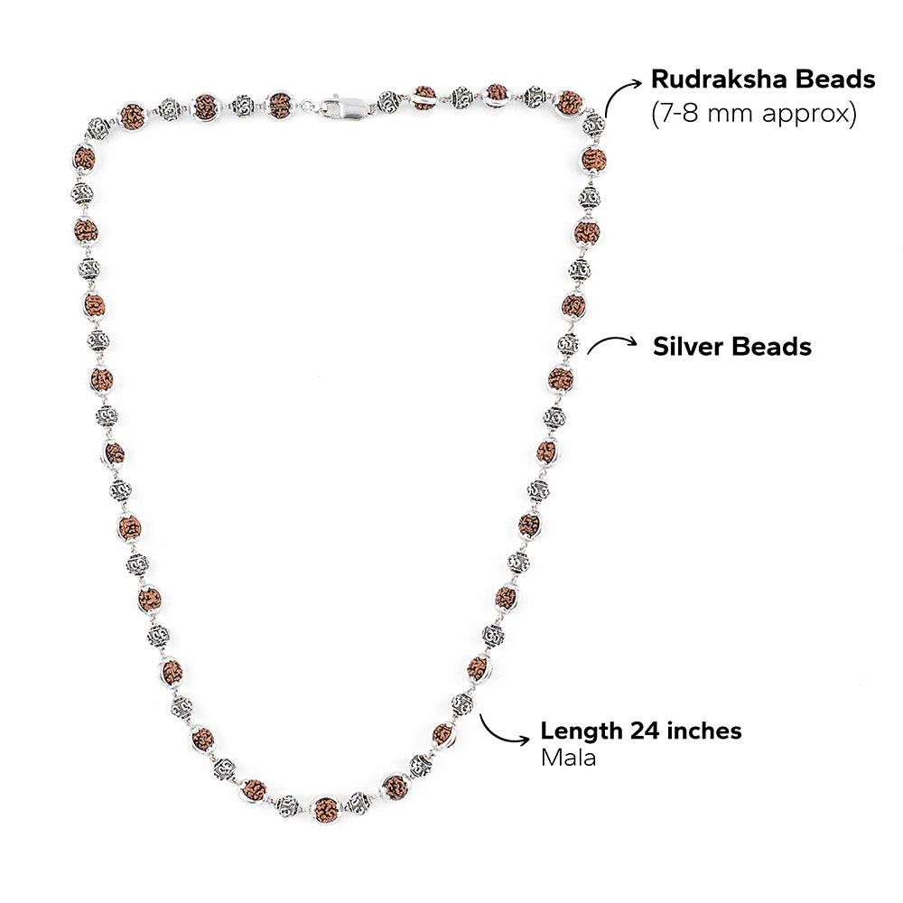 7-8 mm Rudraksha Capping Silver Mala (Om Beads)