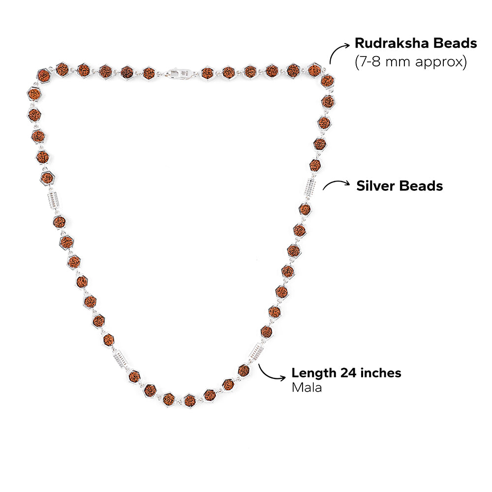 Hexagon Ring Cylinder Rudraksha Silver Mala