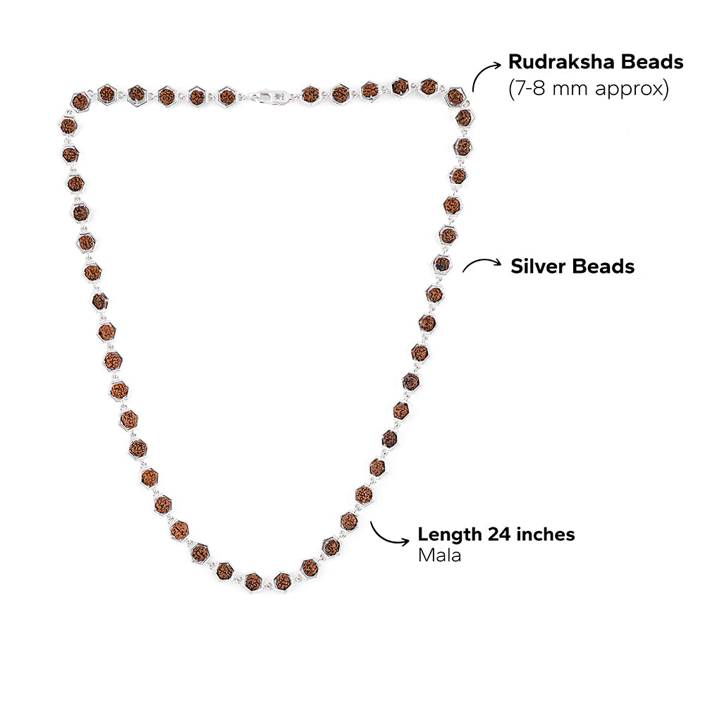 Hexagon Ring Rudraksha Silver Mala