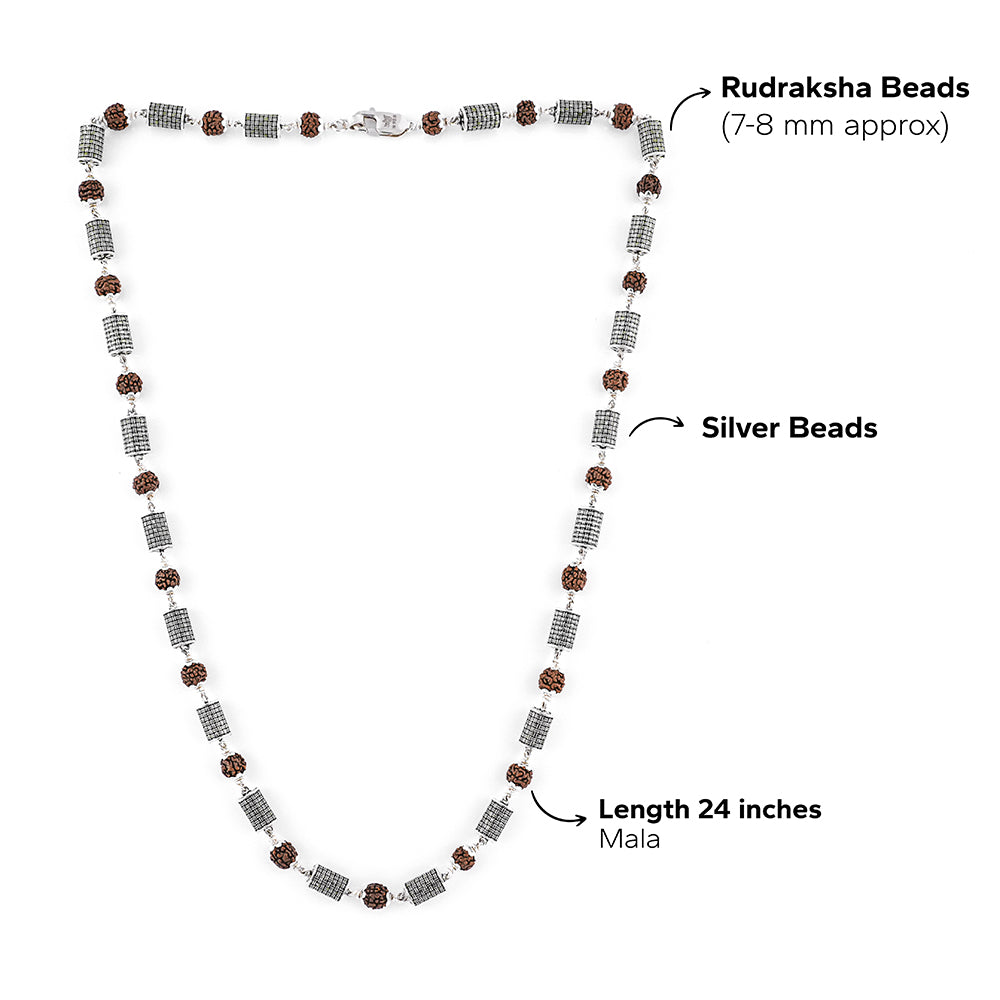 Rudraksha Silver Mala with Cylindrical Beads