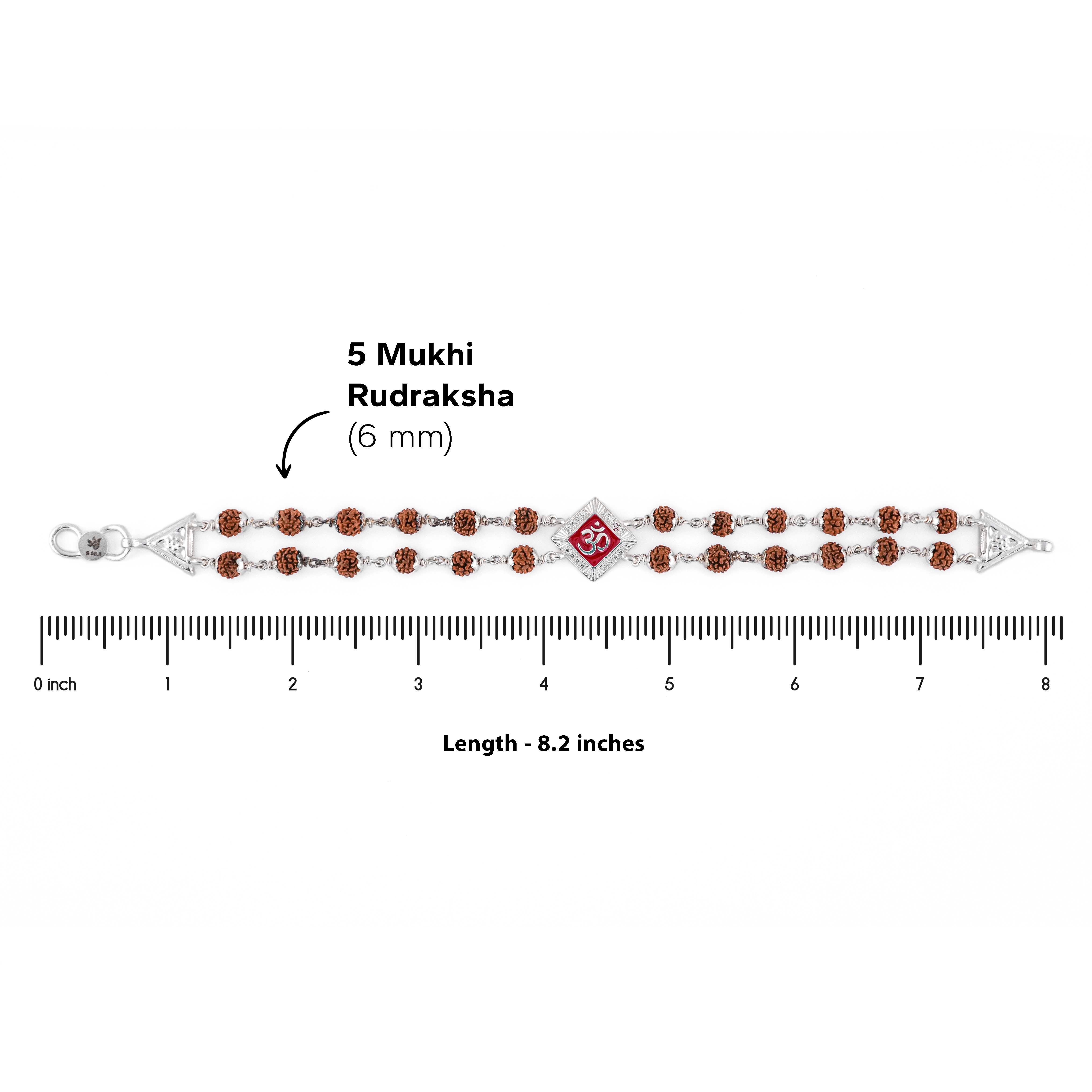 Silver Rakhi with Rudraksha and Om, Red-Colored Double Line Design