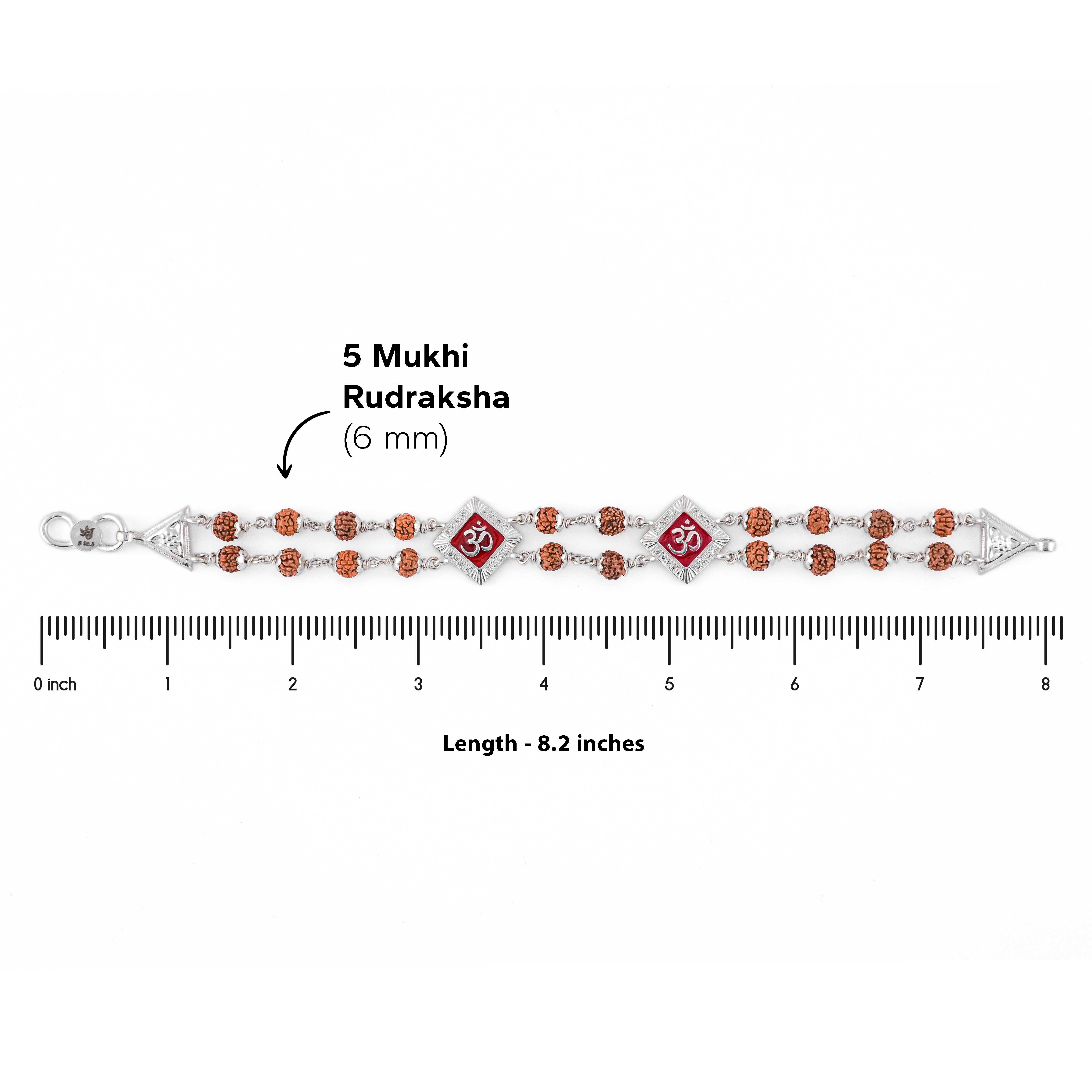 Silver Rakhi with Rudraksha and Two Om Symbols, Double Line Design