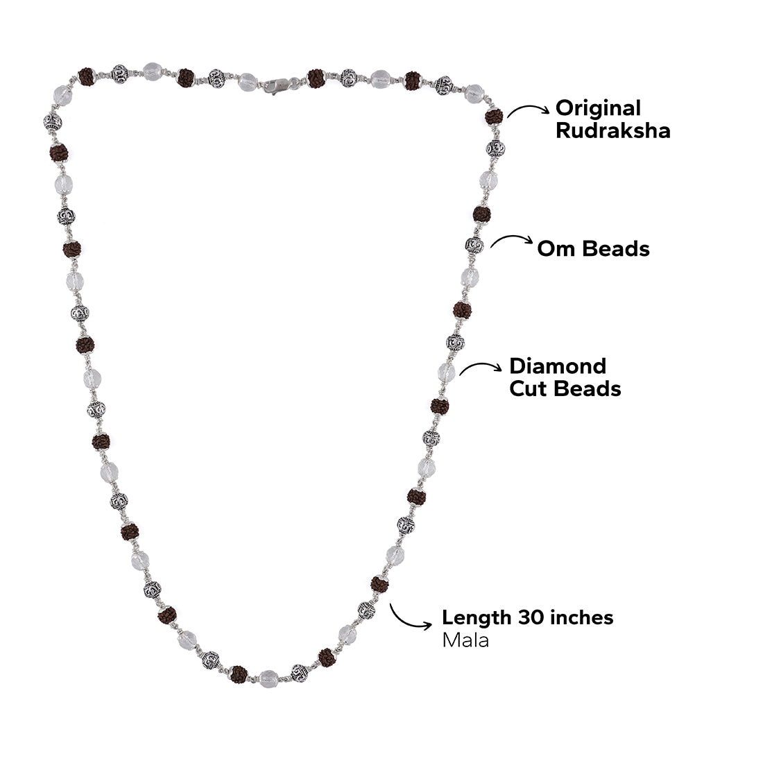 Original Rudraksha with Sphatik Diamond Cut and Om Silver Beads Mala