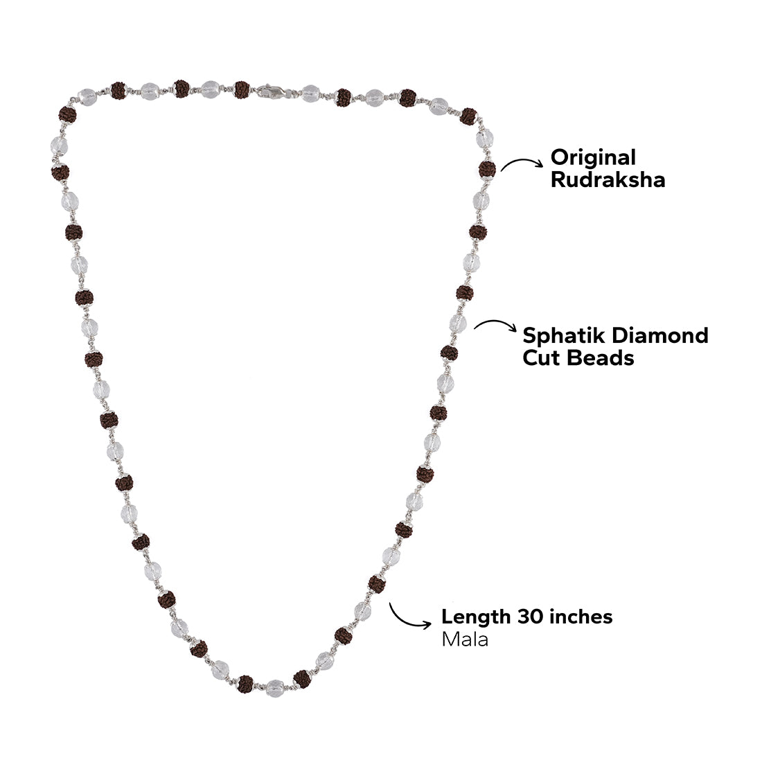 Original Rudraksha with Sphatik Diamond Cut Beads Silver Mala